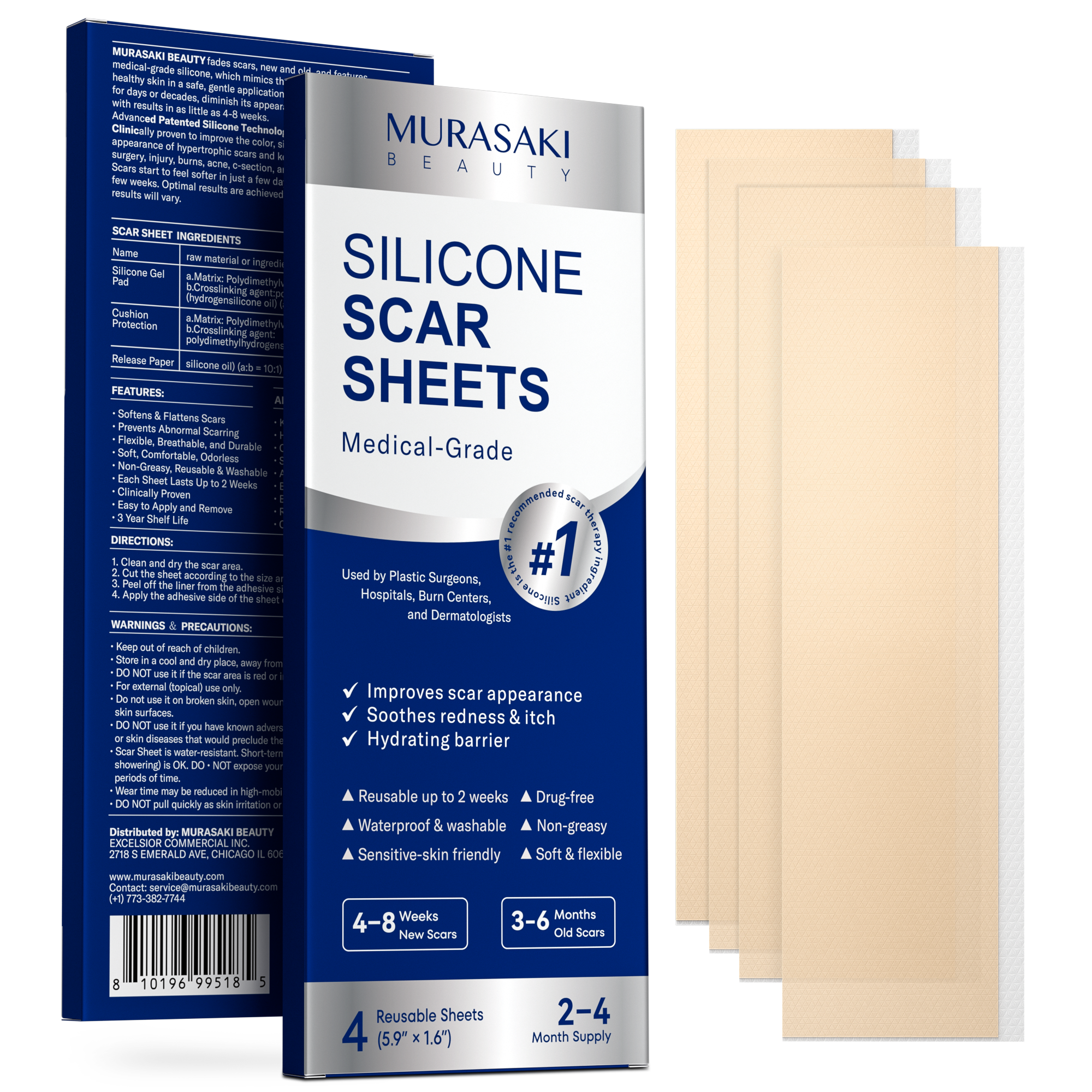 Silicone Scar Sheets for Surgical Scars - 4 Sheets (1.5″ × 3″) Medical Grade Reusable Scar Tape for Surgical, C-Section, Burn, Hypertrophic & Keloid Scars, Medium/Tan Tone
