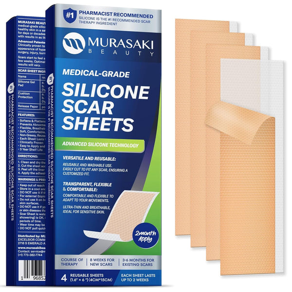 Silicone Scar Sheets for Surgical Scars: Silicone Gel Sheets for Keloids, Burns, Abrasion and C-Section - Safe for Adults and Children - Breathable, Skin-Friendly and Waterproof Silicone Tape 4PCS